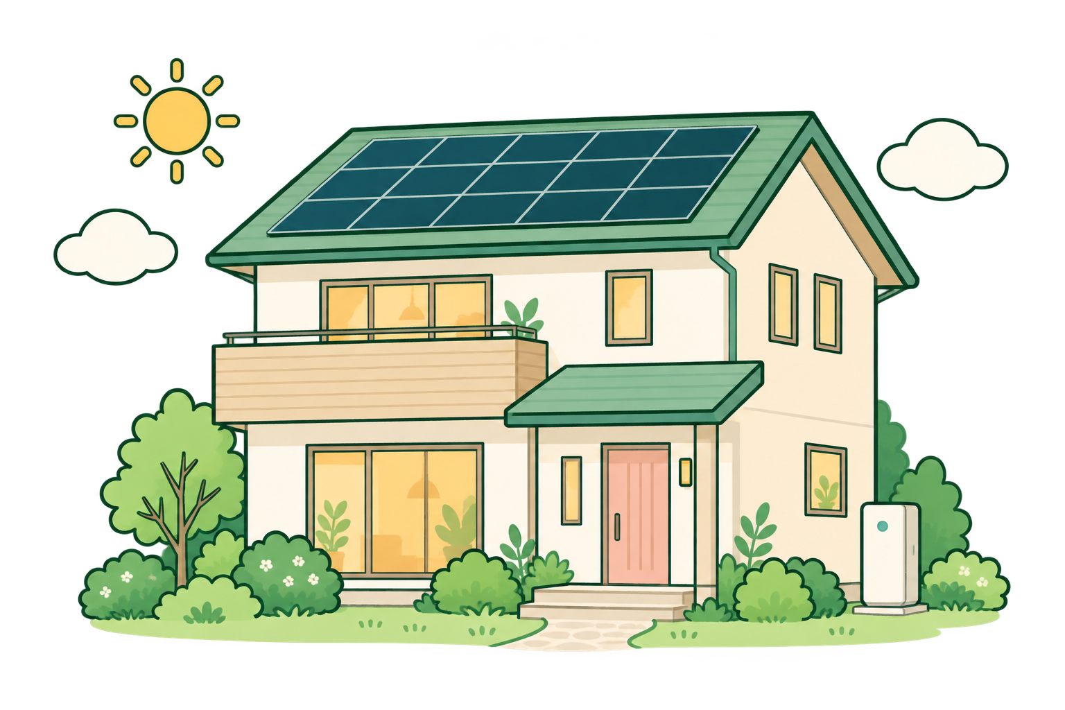 屋根に太陽光パネル、家のそばに蓄電池がある、緑に囲まれたおうちのイラスト